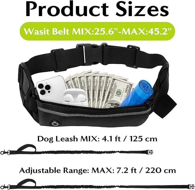 Hands Free Dog Leash - Waist Running Leashes with Zipper Pouch, Adjustable Reflective Waist Belt, Dualc Handle Retractable Bungee for Small Medium Large Dogs Walking Jogging (Black 4.1-7.2ft)