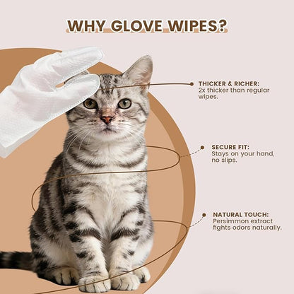 50 Pcs Cleaning Deodorizing Pet Glove Wipes for Dogs & Cats, Hypoallergenic Dog Bath Wipes with Natural Deodorizer Persimmon Tannin, Pet Bathing Wipes for Horse Coat Care Coconut Scent