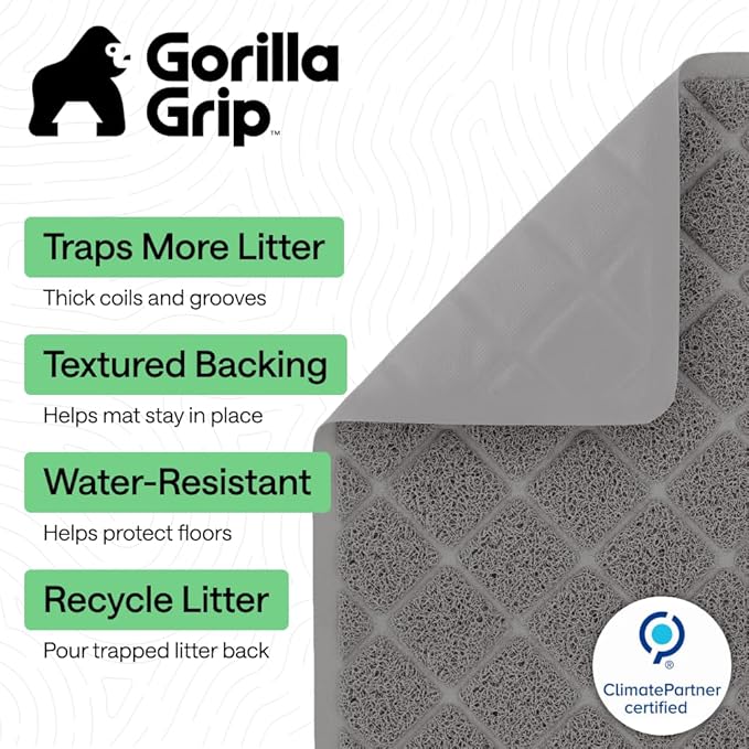 GORILLA GRIP Cat Litter Box Mat, Cushioned Coil Mesh Litter Trapping Mats, Scatter Control Supplies for Less Mess, Phthalate Free, Ultra Deep Catch Grooves, Rinse or Vacuum to Clean, 17x11 Gray