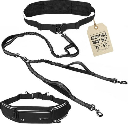 Tails & Tales Hands Free Dog Leash with Waist Pouch, Lumbar Support Upgraded, Bungee Reflective Leash, Adjustable Belt 25-55", Walking Running Hiking Training for Dogs Up to 125lbs (Black, Two Dogs)