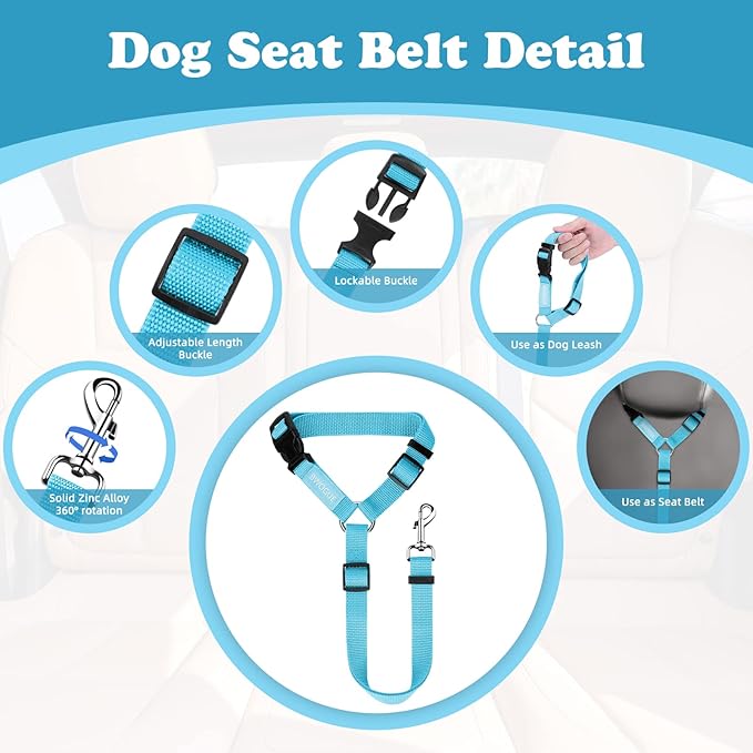 BWOGUE Pet Dog Cat Seat Belts, Car Headrest Restraint Adjustable Safety Leads Vehicle Seatbelt Harness (1 Pack, Blue, Not Elastic)