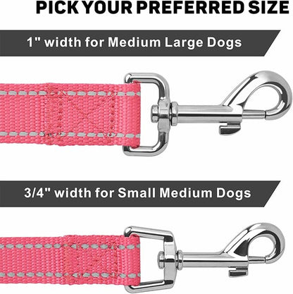 Reflective Dog Leash 4ft Soft Padded Handle Nylon Lead for Small & Medium Dogs, Durable Walking Training Leash for Night Safety (Neon Pink,3/4Inch Wide)