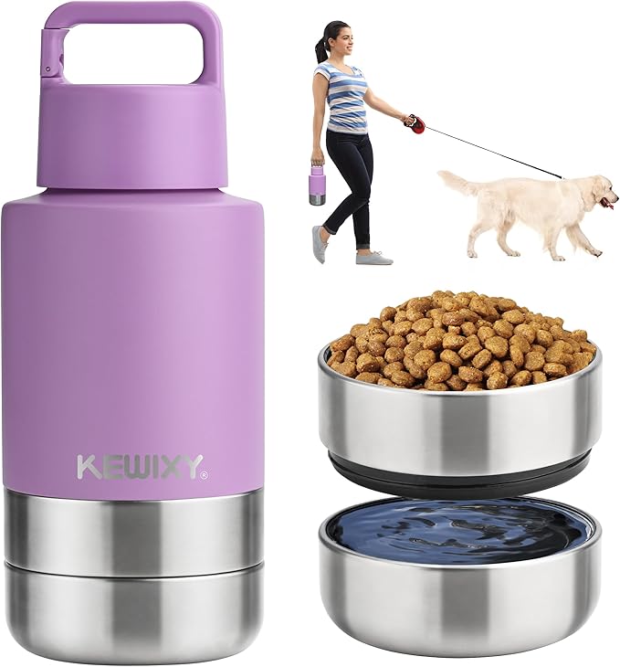 KEWIXY Insulated Dog Travel Water Bottle with Detachable Bowls, 3 in 1 Portable Dog Water Bottle Dispenser, Dog Accessories for Walking, Hiking, Camping, Outdoor (Lavender, 32 Oz)