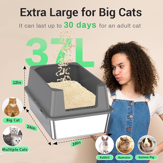Extra Large Stainless Steel Cat Litter Box - 23.5" x 15.5" x 12" - High Sided Walls for Big Cats, Anti Urine Leakage, Odorless and Easy Cleaning - Foot Pad, Mat, Scoops & Deodorizer - XL Litter Box
