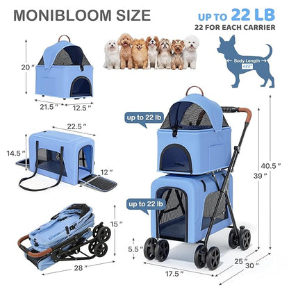 MoNiBloom Double Dog Stroller with Detachable Carriers, 2 in 1 Pet Stroller for Small Medium Dogs Cats, One-Hand Fold Lightweight Pet Buggy with Storage Basket & Canopy
