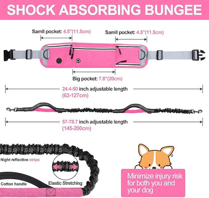Hands Free Dog Leash with Zipper Pouch, Waist Leash for Dog Walking and Running, Dual Padded Handles, Shock-Absorbing Bungee for Medium to Large Dogs (Pink)