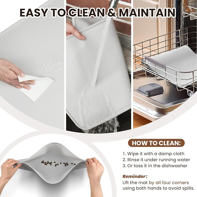 VIVAGLORY Dog Food Mat Flexmat Dog Bowl Mat, Placemat Food Tray with Raised Edges & Lip for Indoor Floor, Non Slip Waterproof Silicone Dish Placemat for Cat & Pet, S, Chocolate