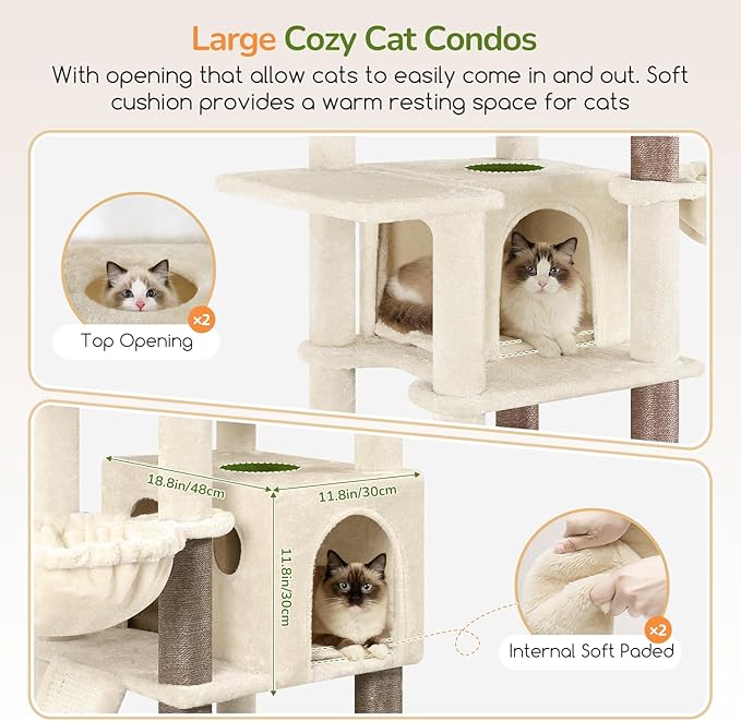Globlazer Extra Large Cat Tree, 78 inch Sturdy Tall Cat Tree Tower for Indoor Multiple Large Adult Cats Kittens with 6 Scratching Posts, Enlarged Top Perch, 2 Padded Condos, S78G, Beige