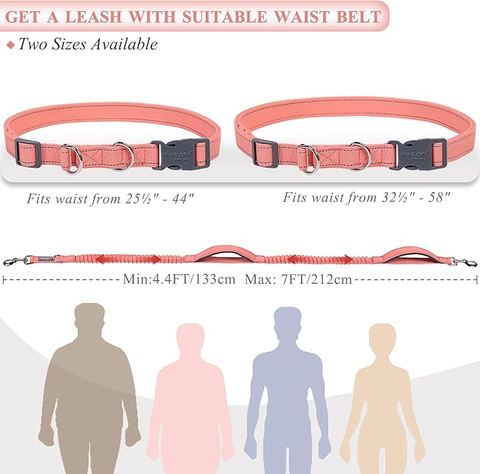 VIVAGLORY Hands Free Dog Leash Bungeetwin Running Dog Leash with Waist Belt for Running Walking & Jogging, Bungee & Around Waist for Pet, S, Pink/Grey