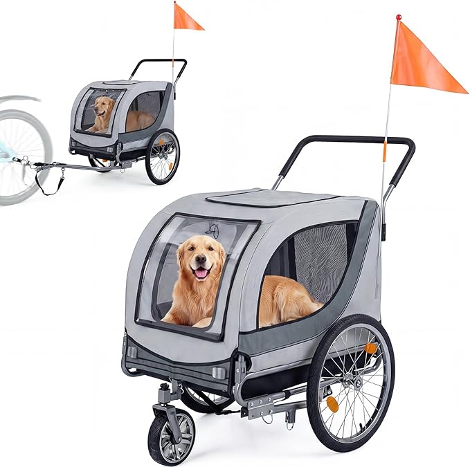 Giantex 2-in-1 Dog Bike Trailer & Pet Stroller for Large Dogs – Foldable Pet Carrier Cart with Front Caster & 2 Air-Filled Tires, Breathable Mesh, PVC Rain Cover, 176 lbs Capacity