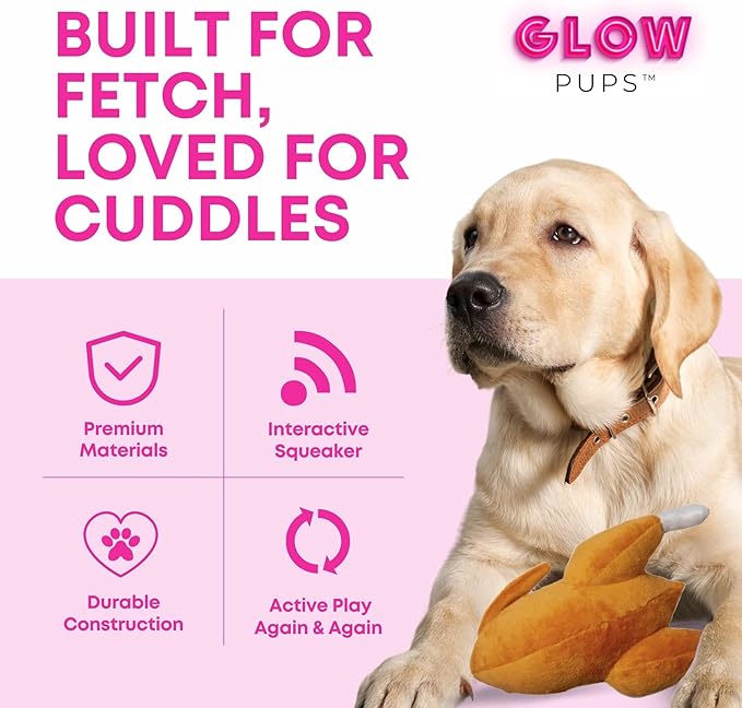 Glow Pups Turkey Dog Toy with Squeaker, Durable Plush Thanksgiving Dog Toy Turkey for Fetch, Promotes Mental Stimulation, Easy to Clean, 8 X 5 Inches, Brown Plush