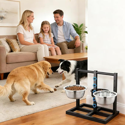 Elevated Dog Bowls Stand for Medium Large Dogs, 5 Adjustable Height Metal Raised Dog Bowl Stand 3 Food Water Bowls and Slow Feeder Bowl with Non-Slip Feet