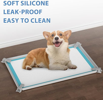 IMMCUTE Pee Pad Holder, Soft Silicone Puppy Pad Holder Fits Up to 16" x 24" Pee Pads, Non-Slip High Edge Potty Pad Holder, Dog Mat for Food and Water for Easy Cleaning with 8 Holder Clamps