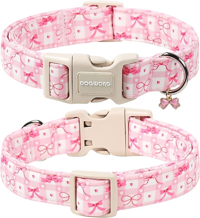 DOGWONG Pink Plaid Dog Collar-Cute Pink Bowtie Print Dog Collar, Adjustable Cotton Girl Female Pet Collar with Quick Release Buckle,M