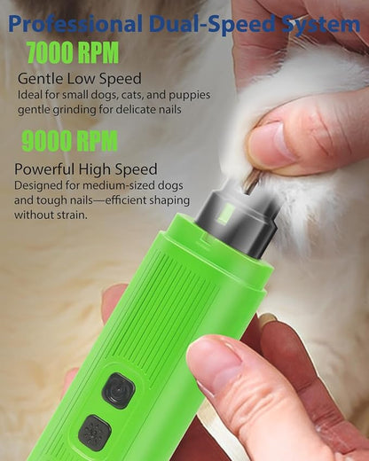 Electric Dog Nail Grinder with 2 Level LED Lights, 2 Speed Super Quiet and Low Vibration Electric Cat Nail Grinder - Rechargeable Pet Nail Grinder for Small Dogs Cats - Green