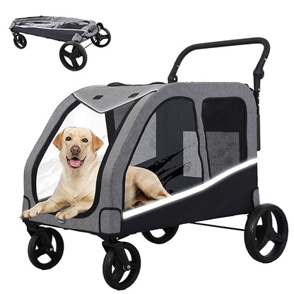 Large Dog Stroller for Medium/Large Dogs up to 130 lbs, Foldable Pet Stroller with 4 Wheels, Adjustable Handle, Heavy Duty Dog Carriage for Senior, Disabled, Injured Pets, Grey