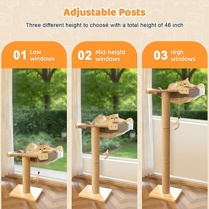 Cat Window Perch with Scratching Post, 46" Adjustable Tall Scratching Posts & Suction Cup – Gray Rabbit Fur Pad, Multi-Level Perch for Climbing, Bird Watching, Play, Supports 45 lbs (Drilling-Free)