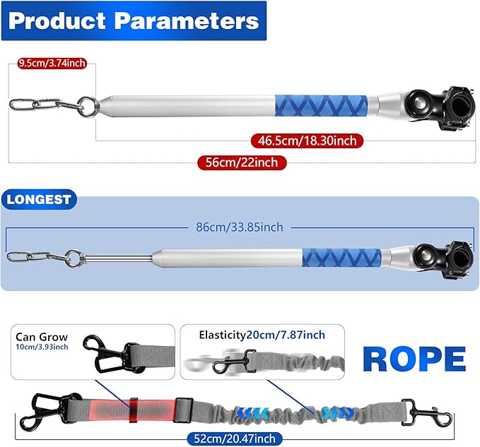 Bicycle Dog Leash for Riding, Hands Free 150° Rotating Built-in Shock Absorber Bike Retractable Leashes for Cycling, Elastic Nylon Adjusted Car Holder Seat Belt Rope (Silver)