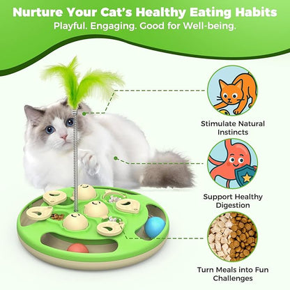 Cat Puzzle Toys Games Level 3 in 1 with Track Balls, Feather Teaser & Treat Feeder | Non-Slip Base | Mental Stimulation Enrichment for Indoor Cats | Kitty Gift, Green