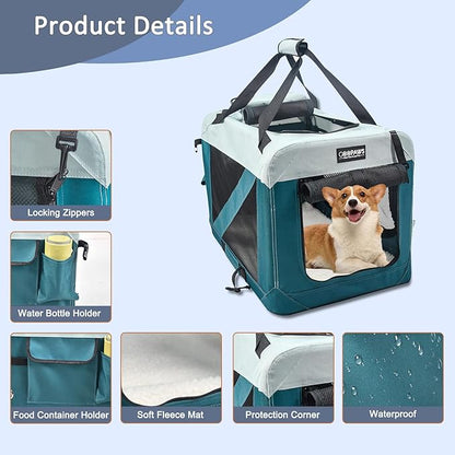 JESPET Soft Dog Crates Kennel for Pets, 3 Door Soft Sided Folding Travel Pet Carrier with Straps and Fleece Mat for Dogs, Cats (8-Teal Blue, Large(30" L x 21" W x 23" H))