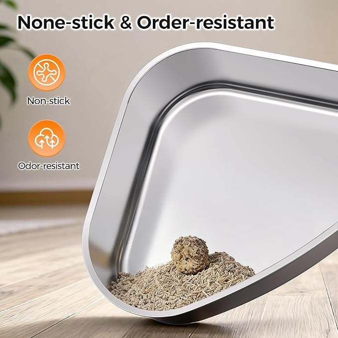 XXL Stainless Steel Corner Cat Litter Box with Lid - Sturdy, No Odor & Space-Saving Hidden Design for Large Cats, Grey