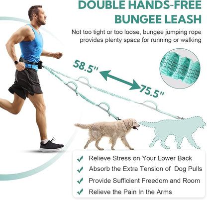 Hands Free Dog Leash, Waist Leash for Dog Walking, Dog Walking Accessories, Retractable Bungee with Double Padded Handles, Green