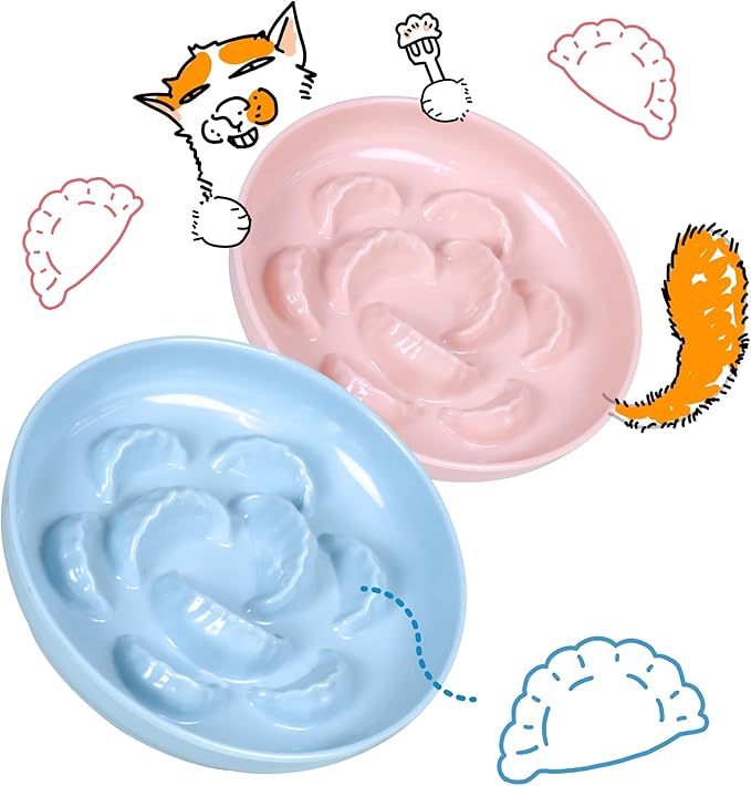 2 Pcs Cat Slow Feeder Bowl for Dry & Wet Food - Unbreakable Melamine Cat Food Plates for Slow Eating - Cute Kitten Bowl - Whisker Friendly & Dishwasher Safe & Non Slip Design (Blue + Pink)
