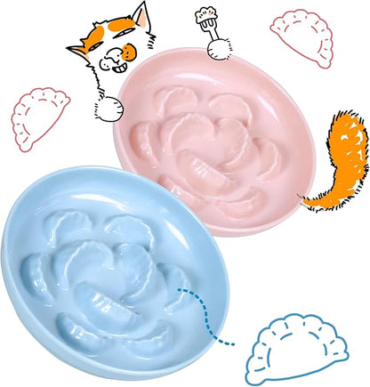2 Pcs Cat Slow Feeder Bowl for Dry & Wet Food - Unbreakable Melamine Cat Food Plates for Slow Eating - Cute Kitten Bowl - Whisker Friendly & Dishwasher Safe & Non Slip Design (Blue + Pink)