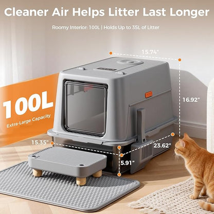 GTPLAYER XXL Stainless Steel Cat Litter Box with Lid, Smart Odor Control Enclosed Litter Box for Cats, Infrared Sensor Auto Pause, Non-Stick Anti-Leak High-Sided, with Mat, Scoop & Step, Grey