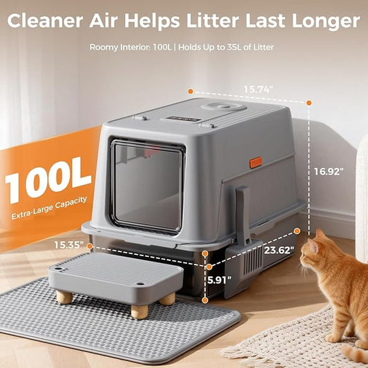 GTPLAYER XXL Stainless Steel Cat Litter Box with Lid, Smart Odor Control Enclosed Litter Box for Cats, Infrared Sensor Auto Pause, Non-Stick Anti-Leak High-Sided, with Mat, Scoop & Step, Grey