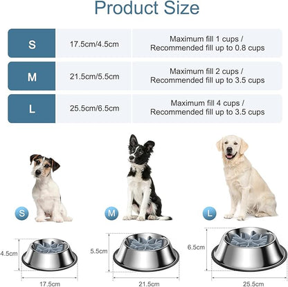 2-in-1 Metal Dog Bowl with Slow Feeder Insert, Food Grade 304 Slow Feeder Dog Bowls, Non-Slip Bottom, Pet Slower Food Feeding Bowls for Increases Feeding Time, Reduces Digestive Problems (L)