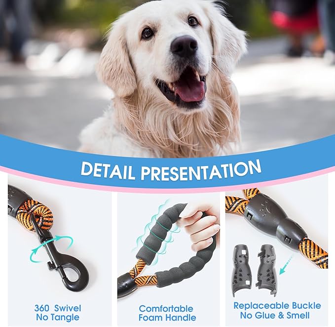 BAAPET 2/4/5/6 FT Dog Leash with Comfortable Padded Handle and Highly Reflective Threads for Small Medium and Large Dogs (5FT-1/2'', Black Orange)