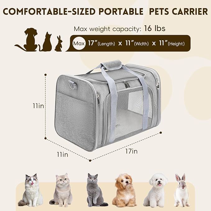 Cat Carrier Soft, Dog Carriers for Small Dogs/Large Cats (Up to 16lbs), with High Breathability, Shoulder Strap, Removable Pad, Pet Carrier Airline Approved, for Home Outdoor Travel (Gray)
