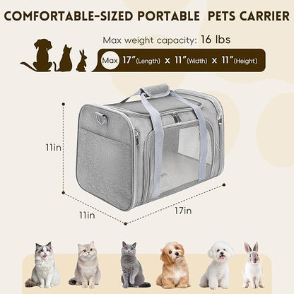 Cat Carrier Soft, Dog Carriers for Small Dogs/Large Cats (Up to 16lbs), with High Breathability, Shoulder Strap, Removable Pad, Pet Carrier Airline Approved, for Home Outdoor Travel (Gray)