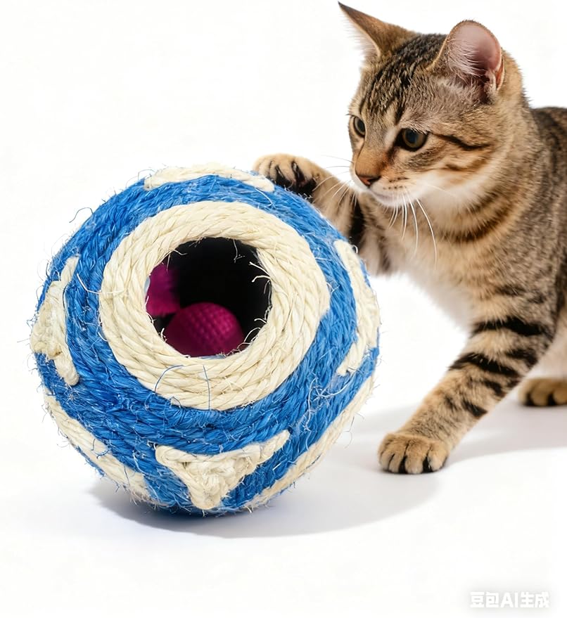 1x Hemp Ball Cat Toy,Six-Hole Hollow-Out Designed,Sisal Hemp Woven Cat Toy, Plume Bell Inside,Special Kitten Chew Toys for Indoor Cats,Interactive pet (Blue, 12cm Ball)