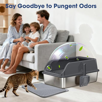 Stainless Steel Cat Litter Box with Lid, Enclosed Litter Boxes XL High Sided for Kitty Big Cat and Multiple Cats, Anti-Urine Leakage | Non-Stick & Includes Cat Mat and Scoop