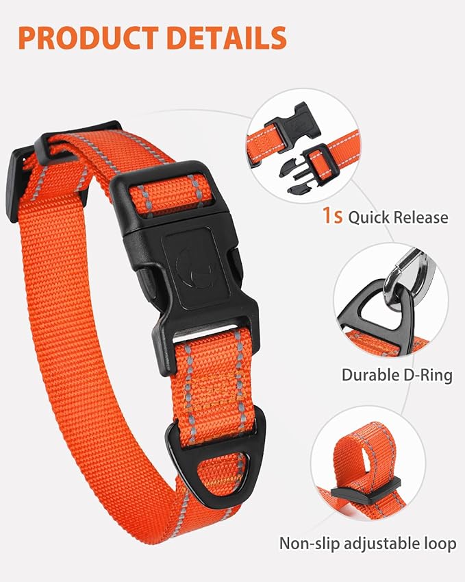 Joytale Small Dog Collar, Durable Double-Sided Reflective Nylon Collar for Night Safety, Adjustable Quick-Release for Active Breeds, Orange, S (3/4" Width)