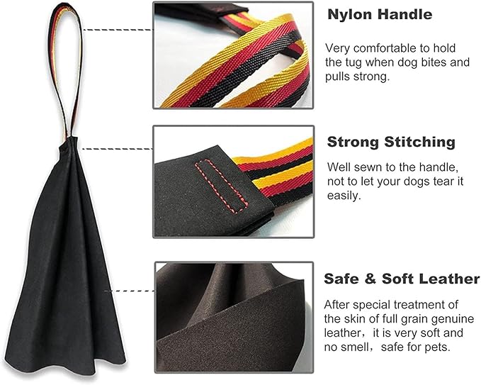 Fockety Leather Bite Rag for Dog Training, Interactive Puppy Bites Rag with Handle, Dog Tug Toys, Tug of War Dog Toy, Train Bite Grip, Puppy Toy to Build Prey Drive, Play Tug of War Game