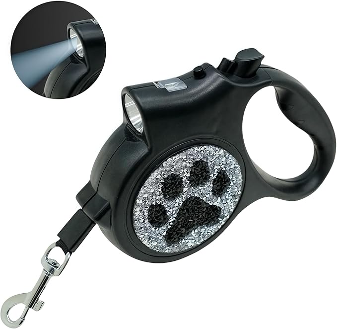 Led Retractable Dog Leash – 16ft Leash with Handcrafted Sparkle Detail Tangle-Free One-Hand Brake Soft Grip Handle for Small & Medium Dogs Up to 77lbs (DL-BK)