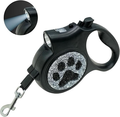 Led Retractable Dog Leash – 16ft Leash with Handcrafted Sparkle Detail Tangle-Free One-Hand Brake Soft Grip Handle for Small & Medium Dogs Up to 77lbs (DL-BK)