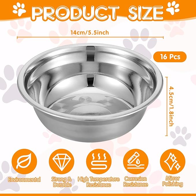 16 Pcs Stainless Steel Dog Bowls, Pets Bowl Metal Dog Cat Food Water Bowl, Replacement Basic Dog Bowls Water Bowls Set, Travel Kennel Food Dish Bowls for Small Medium Large Dogs, Dishwasher Safe