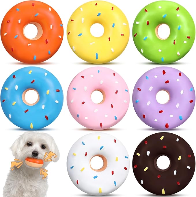 8 Pcs Latex Squeaky Dog Toys Donut Small Dogs Squeaky Chew Toys for Aggressive Chewers Soft Interactive Fetch Play No Stuffing Durable Teething Items for Small Puppy