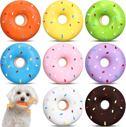 8 Pcs Latex Squeaky Dog Toys Donut Small Dogs Squeaky Chew Toys for Aggressive Chewers Soft Interactive Fetch Play No Stuffing Durable Teething Items for Small Puppy