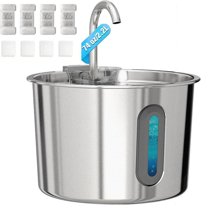Cat Water Fountain, 74oz/2.2L Cat Fountain for Drinking - Pet Water Fountain Stainless Steel for Cats Inside - Quiet Water Bowl Dispenser - Kitty Drinking Fountains - 4 Filters + 4 Sponges