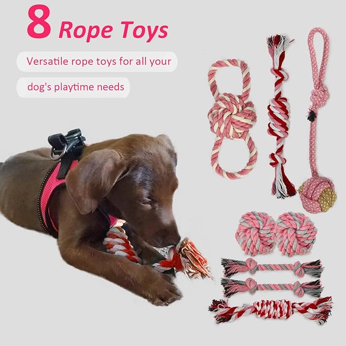 Puppy Toys Set - 20 Pack Pink Dog Chew Toys for Teething Small Breeds - Tough Rope Toys for Puppies, Cute Soft Rubber Toys Bundle with Basket for Girl Pets
