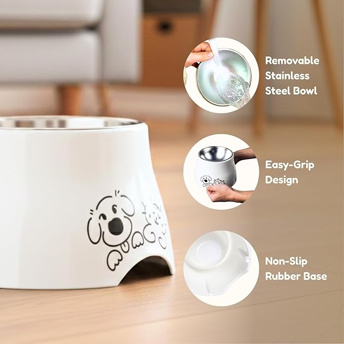 Elevated Spaniel Dog Bowl, Melamine Raised Dog Food Bowl for Long-Eared Dogs, Raised Dog Bowls for Small Dogs, Stainless Steel Inner Bowl, Non-Slip Base (Puppy & Kitten Pals, M (420 ML / 1.5 Cups)