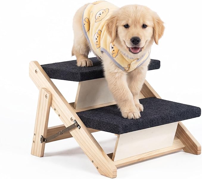 MEWANG Wood Pet Stairs & Ramp for Small/Medium Dogs and Cats, Aging Pets – 3-in-1 Foldable, Portable, Non-Slip Pet Ladder for Tall Beds, Couches,Cars–Holds Up to 220 lbs (17.3" L x 17.2" W x 13.0" H)