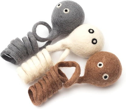 Glaciart One Felt Spring Cat Toy – 3 Pcs Soft Fuzzy Enrichment 100% Natural Wool - Interactive Stretchable Play Set - Safe for Pets, Non-AZO Colored Dyes - 4” Long
