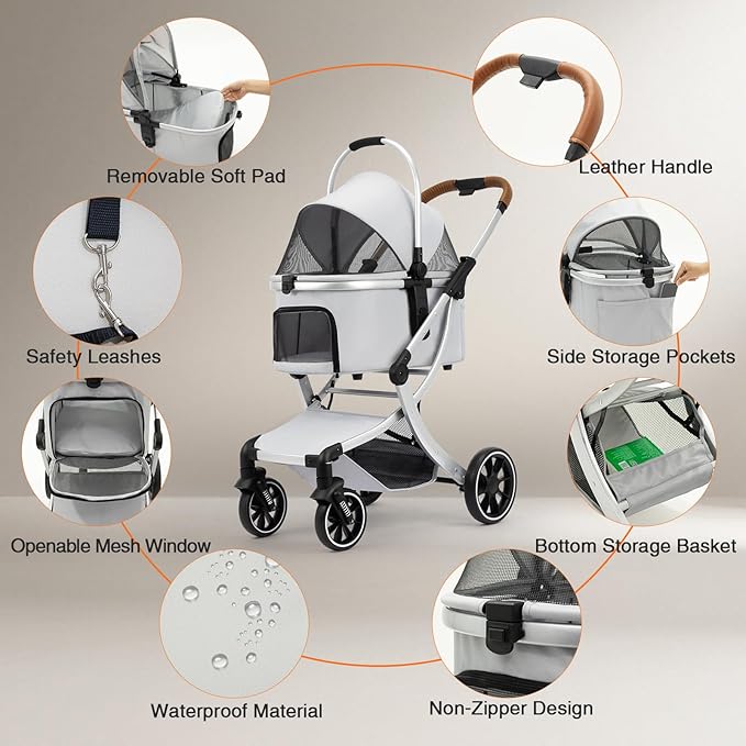 3 in 1 Pet Stroller for Small/Medium Dogs & Cats with Detachable Carrier, Storage Basket and Pet Pad, 4 Wheels Foldable Pet Travel Carrier for Car Seat & Hand Carry, Safe Outings (Khaki)