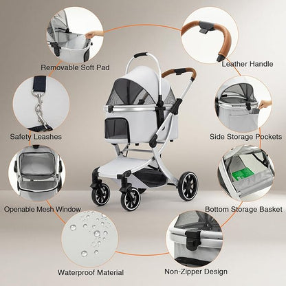 3 in 1 Pet Stroller for Small/Medium Dogs & Cats with Detachable Carrier, Storage Basket and Pet Pad, 4 Wheels Foldable Pet Travel Carrier for Car Seat & Hand Carry, Safe Outings (Khaki)